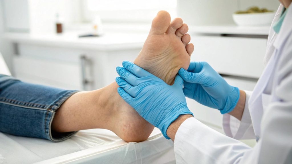 El médico examina el pie de un paciente en una clínica