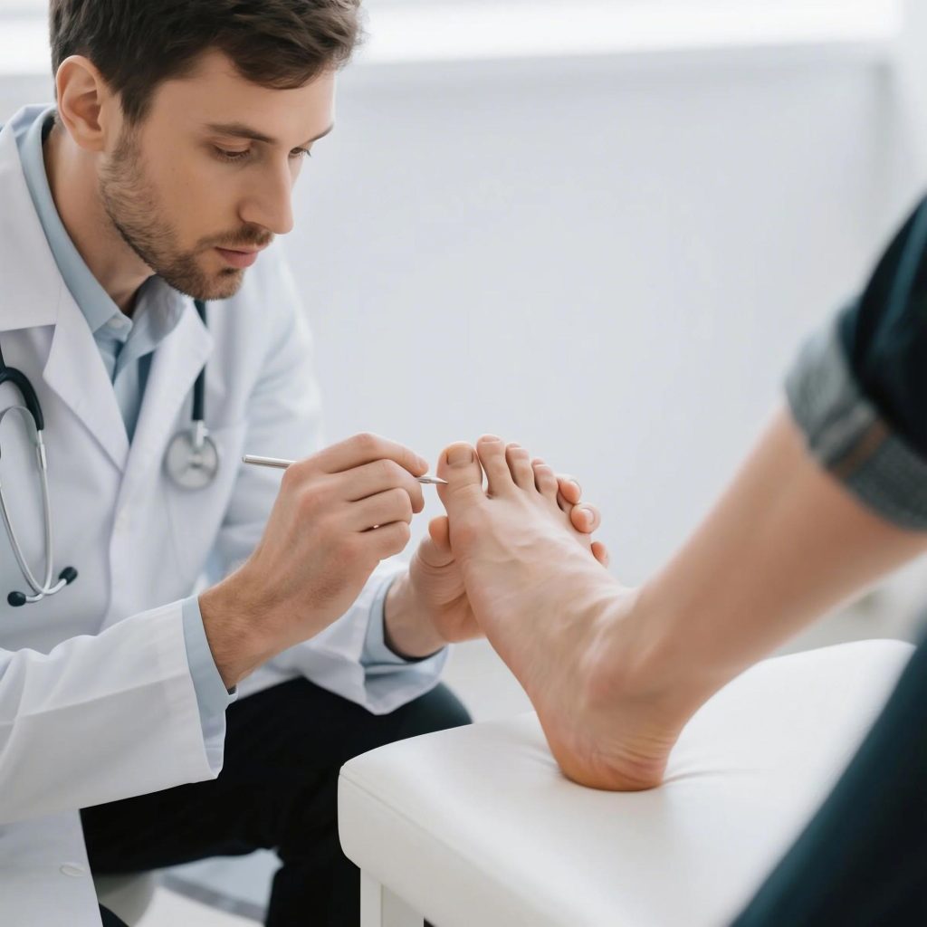 El médico examina el pie y las uñas de los pies de un paciente